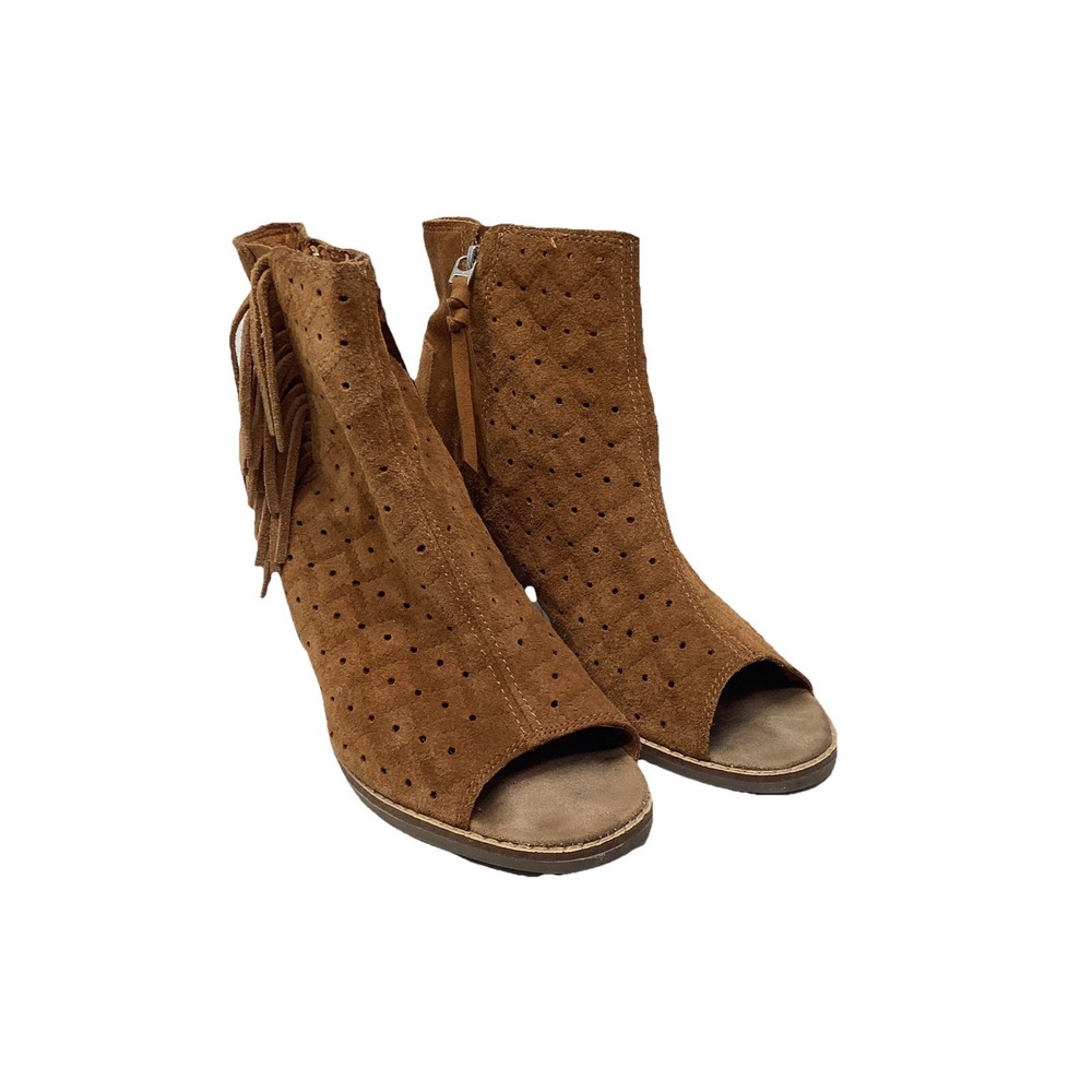 TOMS Majorca Cinnamon Brown Open Peep Toe Fringe Booties 3" Stacked Heel  9.5